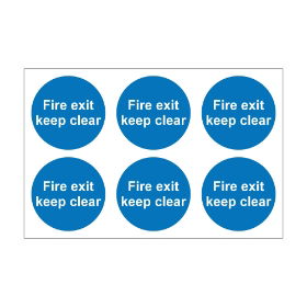 Fire Exit Keep Clear - 100mm Diameter Self Adhesive Vinyl Sign - Pack of 30