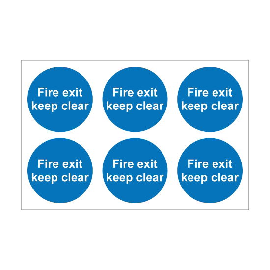 Fire Exit Keep Clear - 100mm Diameter Self Adhesive Vinyl Sign - Pack of 30