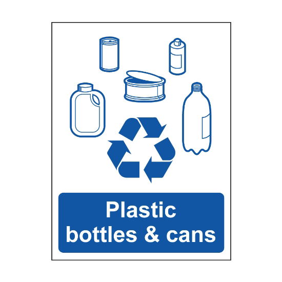 Plastic bottles and cans sign, 100 x 75mm, Self Adhesive Vinyl - from Tiger Supplies Ltd - 570-04-97