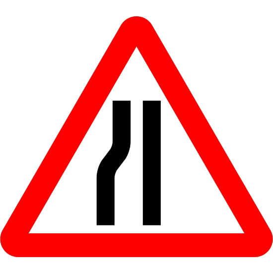 750mm Road Narrows Left - Black Plastic Sign