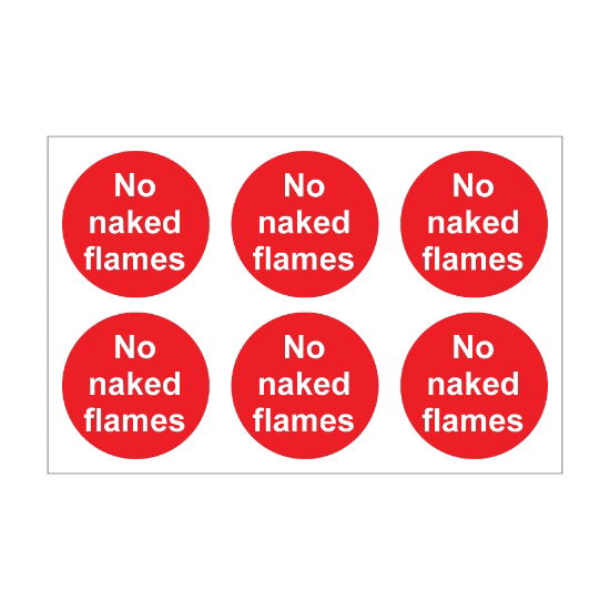 No Naked Flames - 100mm Diameter Self Adhesive Vinyl Sign - Pack of 30