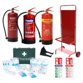 Triple Fire Trolley c/w 3 x 9L Extinguisher, Signage & 50 Person First Aid Kit