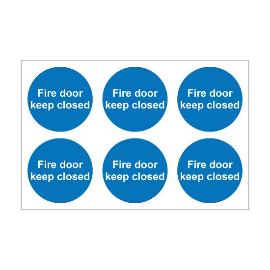 Fire Door Keep Closed - 100mm Diameter Self Adhesive Vinyl Sign - Pack of 30