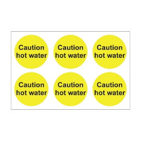 Caution Hot Water - 100mm Diameter Self Adhesive Vinyl SIgn - Pack of 30