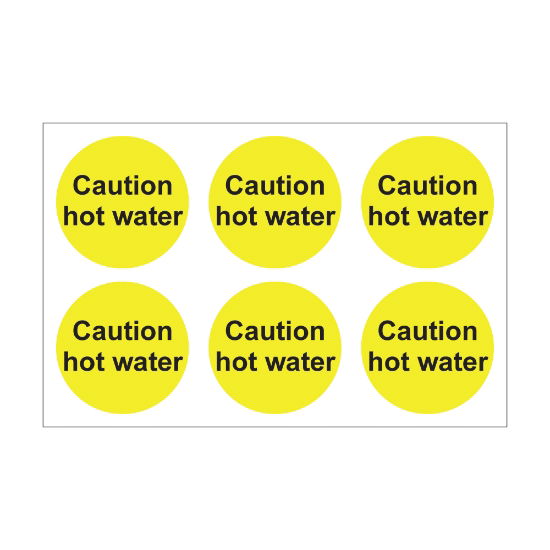 Caution Hot Water - 100mm Diameter Self Adhesive Vinyl SIgn - Pack of 30