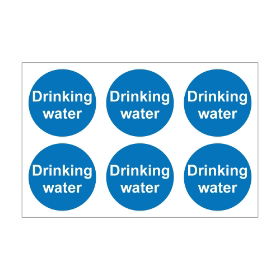 Drinking Water - 100mm Diameter Self Adhesive Vinyl Sign - Pack of 30