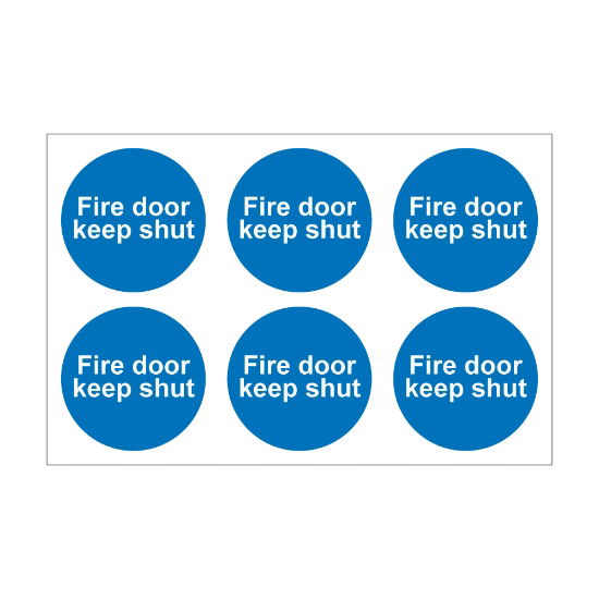 Fire Door Keep Shut - 100mm Diameter Self Adhesive Vinyl Sign - Pack of 30