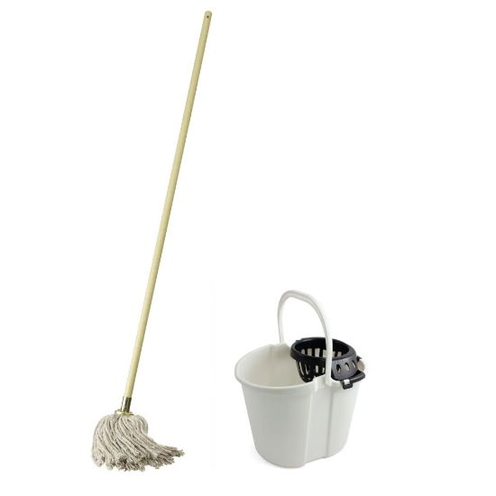 10py Socket Mop c/w Wooden Handle & Mop Bucket